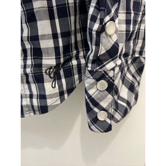 Guess Jeans BLUE/WHITE Checkered Pearl Snap Long Sleeve Shirt Women’s Sz L - Picture 6 of 11